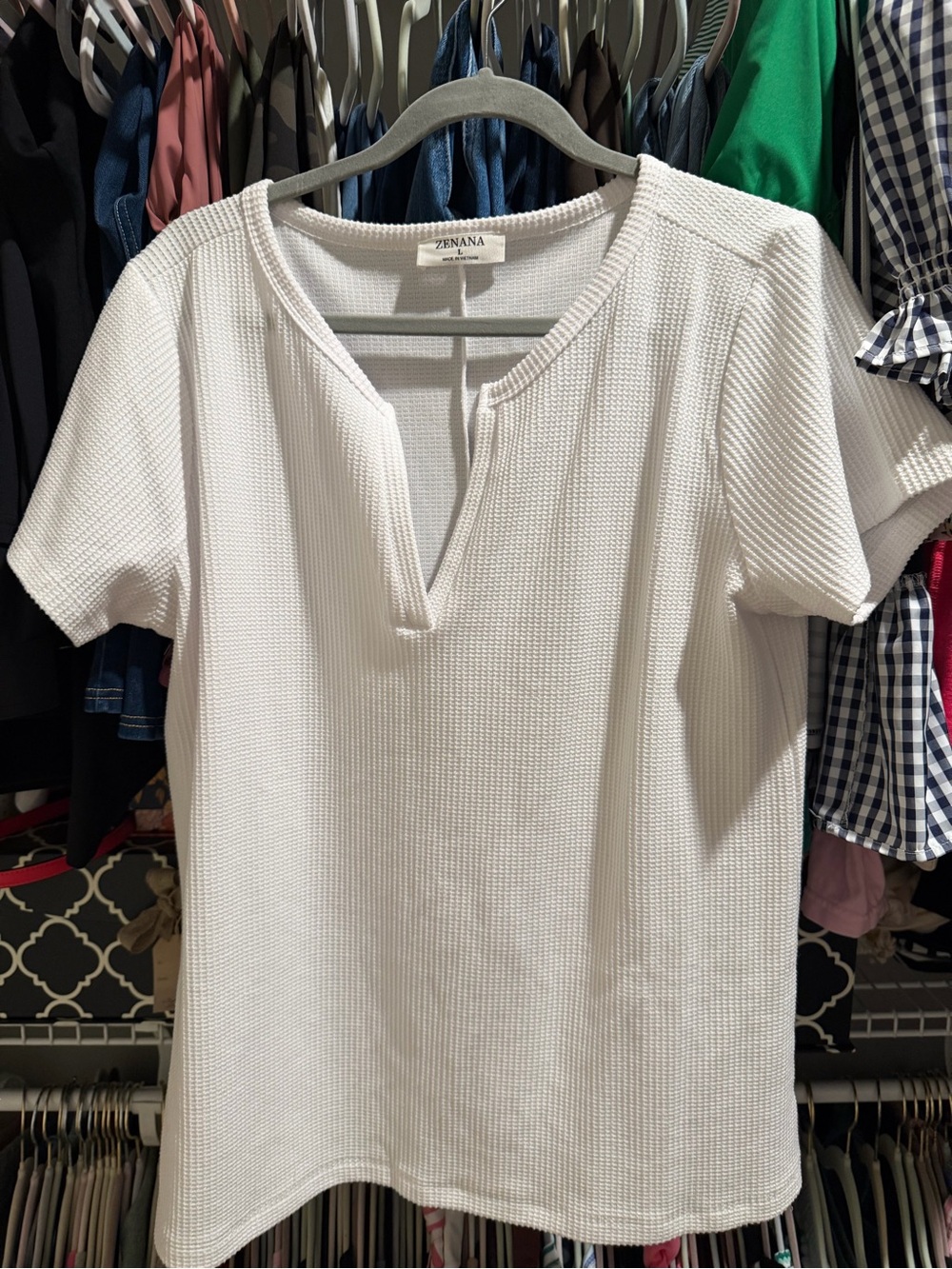 Zenana Outfitters White V-Notch Waffle Knit Short Sleeve Top